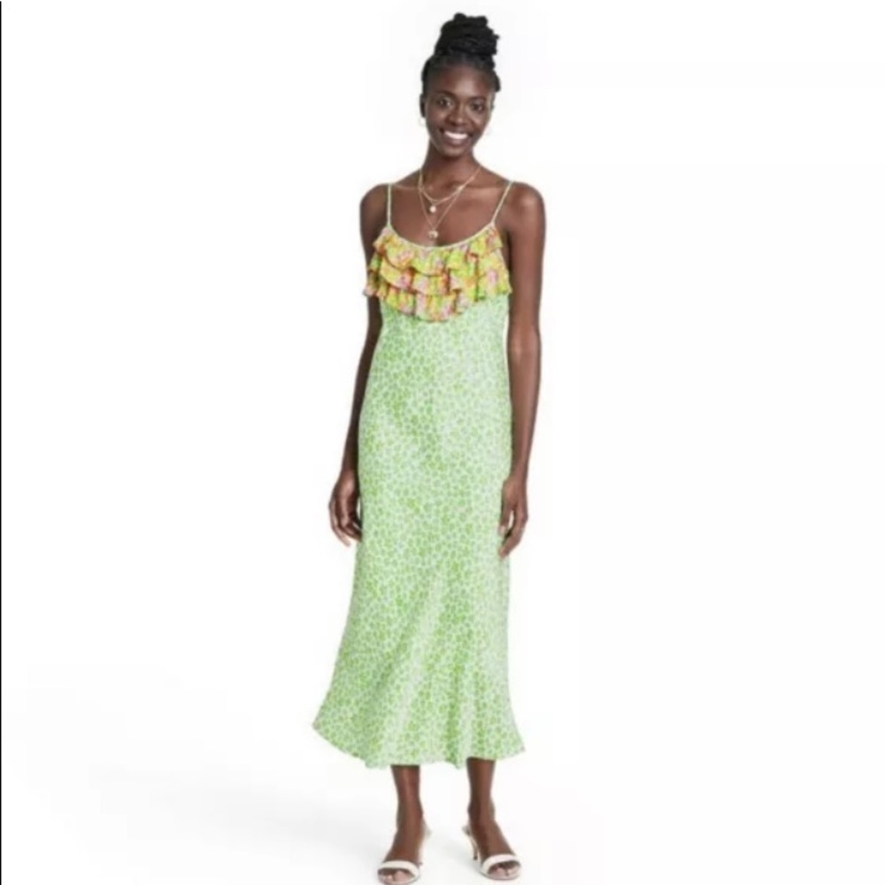 Rixo For Target Slip Dress S Sleeveless Ruffle Leopard Print Green White NWT
